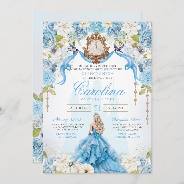 Invitación Blue Gold Cinderella Quinceanera Cumpleaños de Luj (Anverso / Reverso)