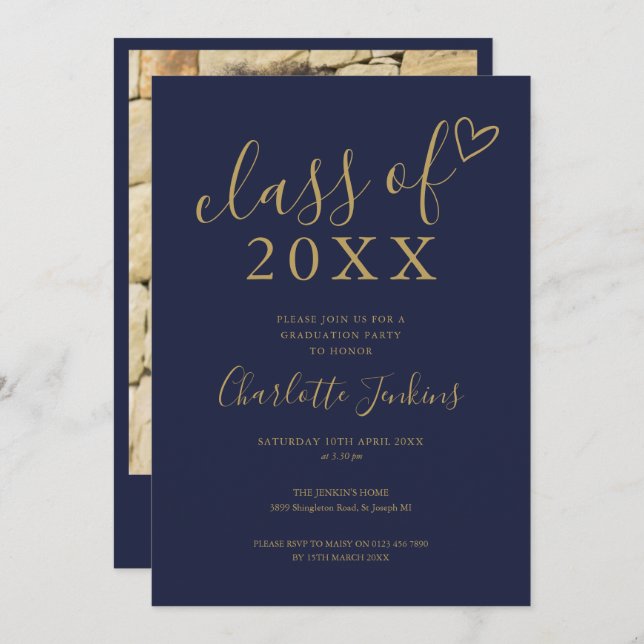 Invitación Blue Gold Class of Script Photo Graduation Party (Anverso / Reverso)