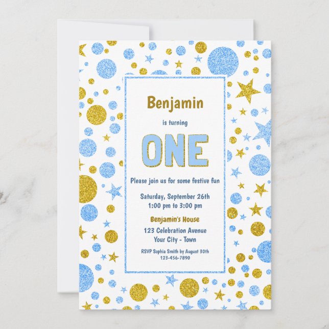 Invitación Blue Gold Confetti Primer Fiesta de cumpleaños (Anverso)