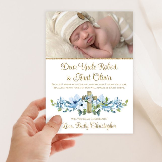 Invitación Blue Gold Cross Boy Foto Godparent (Sweet babu blue and gold cross photo Godparent invitation. simply upload your photo and details.)