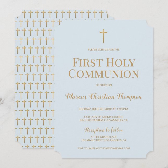 Invitación Blue Gold Cross Boy Primera comunión sagrada (Anverso / Reverso)