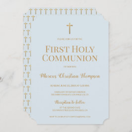 Invitación Blue Gold Cross Boy Primera comunión sagrada