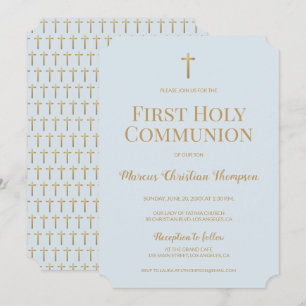 Invitación Blue Gold Cross Boy Primera comunión sagrada