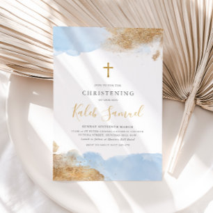 Invitación Blue Gold Cross Boys Bautismo Christening
