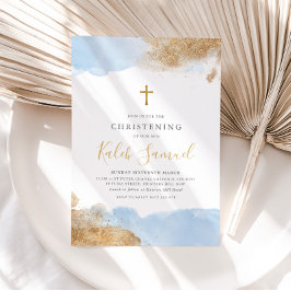 Invitación Blue Gold Cross Boys Bautismo Christening