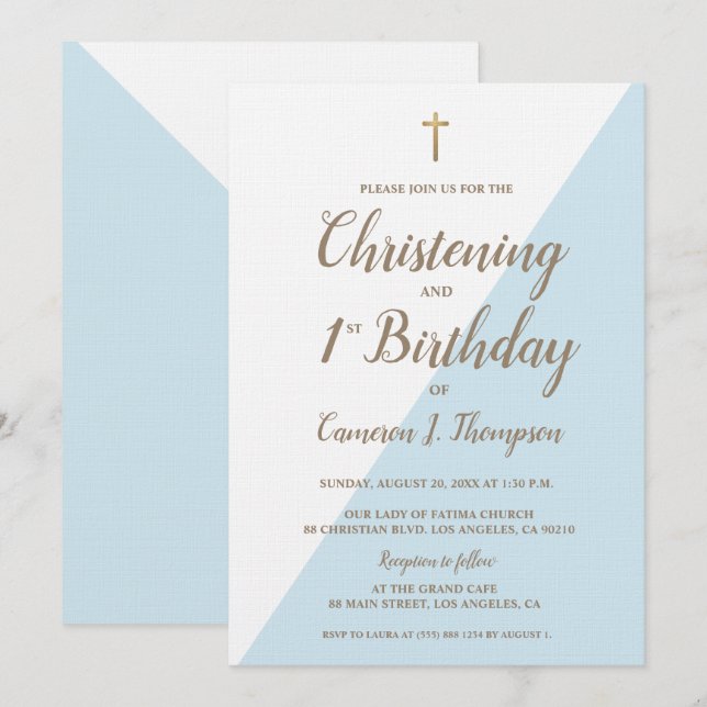 Invitación Blue Gold Cross Christening 1er cumpleaños combina (Anverso / Reverso)