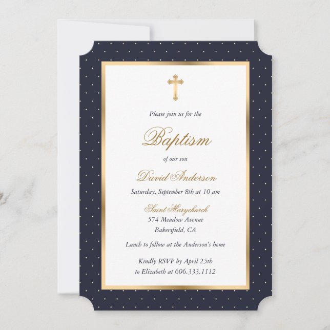 Invitación Blue Gold Cross Polka Dots Elegant Script Baptism (Anverso)