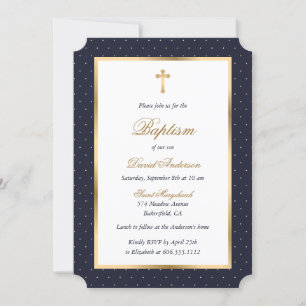 Invitación Blue Gold Cross Polka Dots Elegant Script Baptism