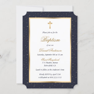 Invitación Blue Gold Cross Stars Elegant Script Baptism