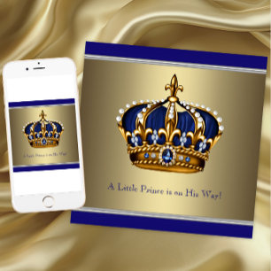Invitación Blue Gold Crown Little Prince Boy Baby Shower