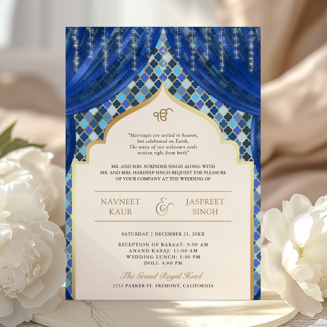 Invitación Blue Gold Cuatro Hojas Código QR Boda Sikh (Subido por el creador)