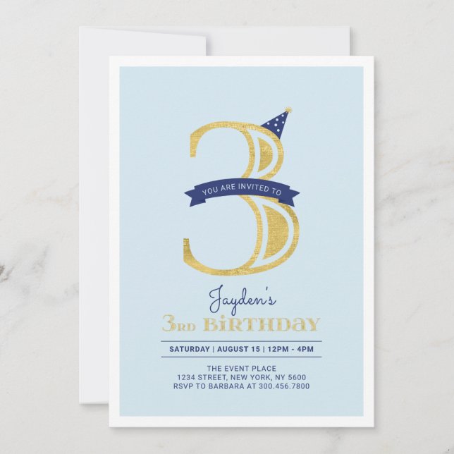 Invitación Blue & Gold | Cumpleaños de niño de 3 años (Anverso)