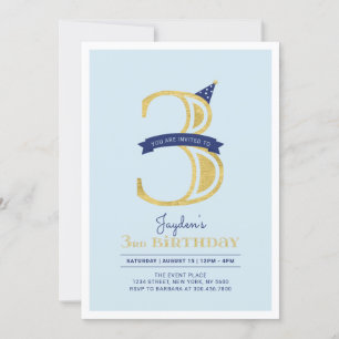 Invitación Blue & Gold   Cumpleaños de niño de 3 años