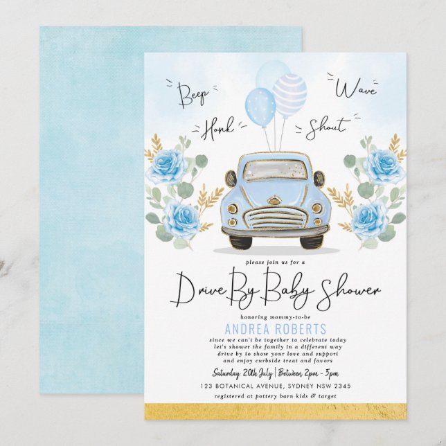 Invitación Blue Gold Drive De Baby Shower Greenery Retro Car (Anverso / Reverso)