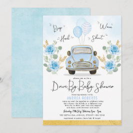Invitación Blue Gold Drive De Baby Shower Greenery Retro Car