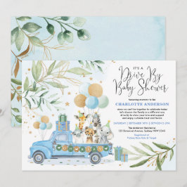 Invitación Blue Gold Drive De Safari Animals Boy Baby Shower