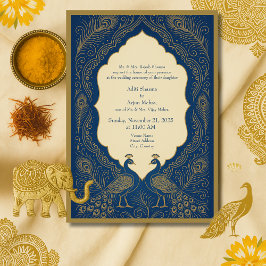 Invitación blue gold Elegant Peacock Hindu Wedding