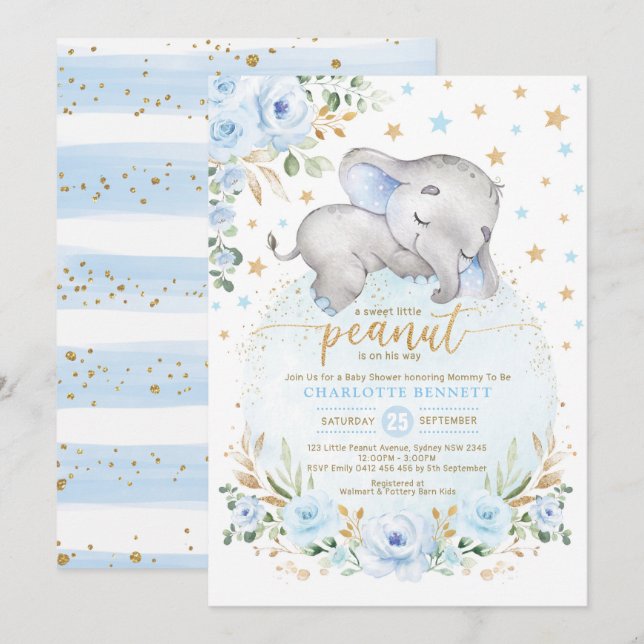 Invitación Blue Gold Elephant Moon Stars Boy Baby Shower (Anverso / Reverso)