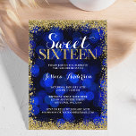 Invitación Blue Gold Faux Purpurina Luces Dulce 16 Cumpleaños<br><div class="desc">Celebre con estilo esta moderna invitación dulce de 16 años,  con un fondo de luces brillantes azules con un falso borde purpurina dorado. Los diseños son ilustraciones/gráficos impresos planos - NO PURPURINA REAL.</div>