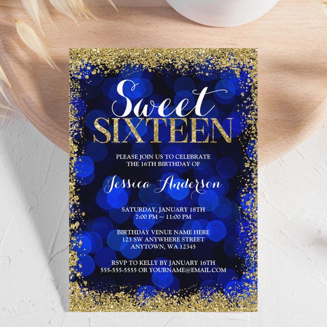Invitación Blue Gold Faux Purpurina Luces Dulce 16 Cumpleaños (Subido por el creador)