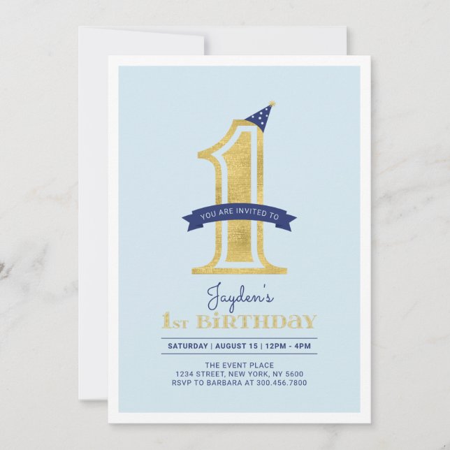 Invitación Blue & Gold |  Fiesta de 1er Cumpleaños de Niño (Anverso)
