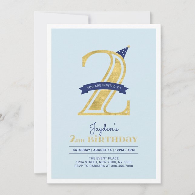 Invitación Blue & Gold | Fiesta de cumpleaños del niño de 2 a (Anverso)