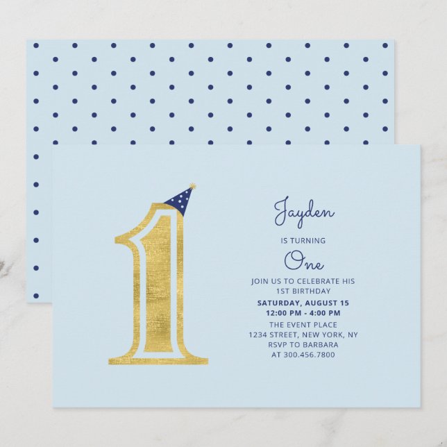 Invitación Blue & Gold |  Fiesta de cumpleaños moderna para n (Anverso / Reverso)