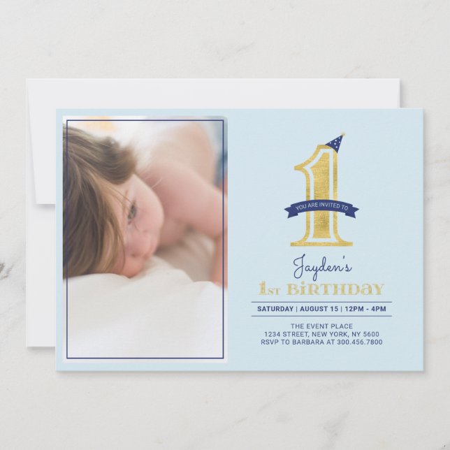 Invitación Blue & Gold |  Fiesta de cumpleaños moderna para n (Anverso)
