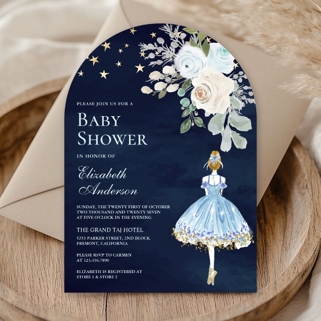 Invitación Blue Gold Floral Ballerina Arch Naval Baby Shower (Subido por el creador)