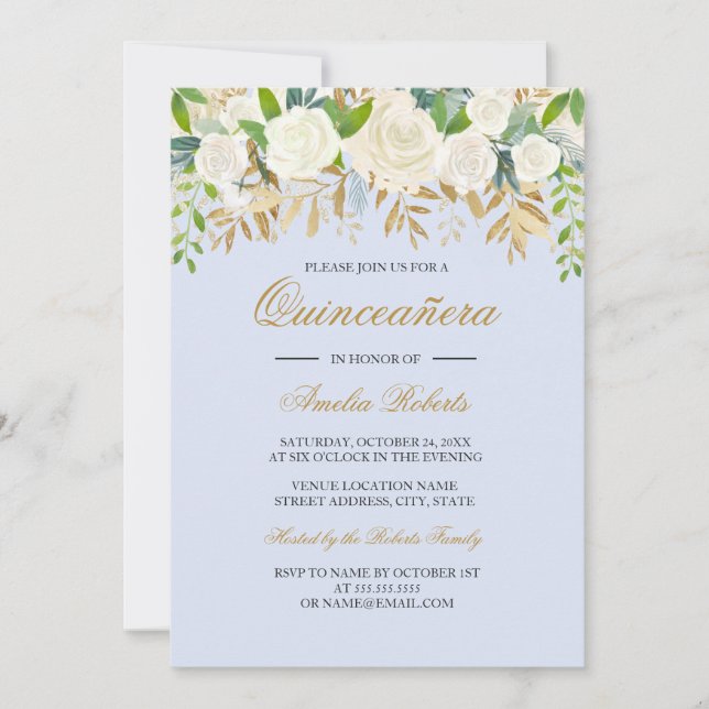 Invitación Blue Gold Floral Leaf Watercolor Quinceanera (Anverso)