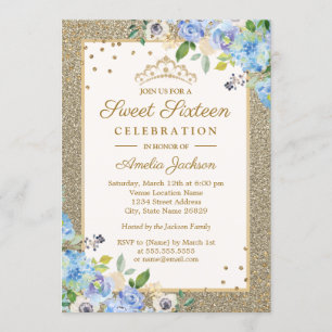 Invitación Blue Gold floral Sparkle Sweet Sixteen