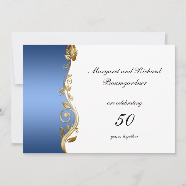 Invitación Blue Gold Floral Swirls 50 Aniversario del Boda (Anverso)