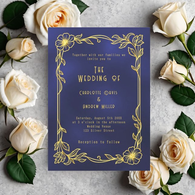 Invitación Blue gold floral vintage wedding (Subido por el creador)