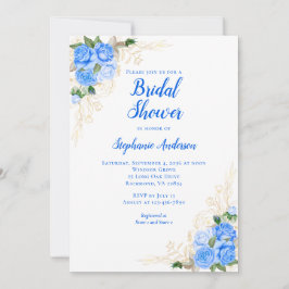 Invitación Blue Gold Floral Watercolor Bridal Shower