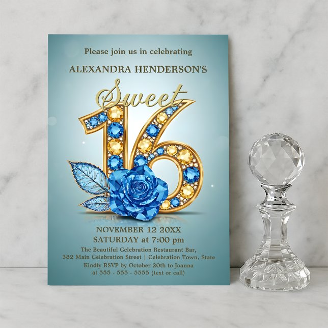 Invitación  Blue Gold Gemstone Rose Jeweled Sweet Sixteen  (Subido por el creador)