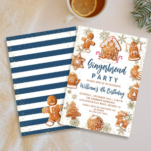 Invitación Blue Gold Gingerbread Cookie Decorante Cumpleaños