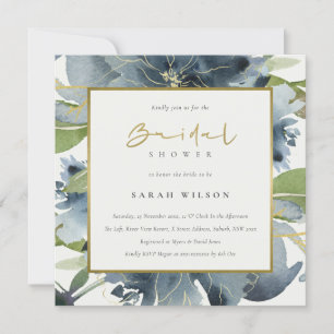 Invitación Blue Gold Green Floral Watercolor Bridal Shower