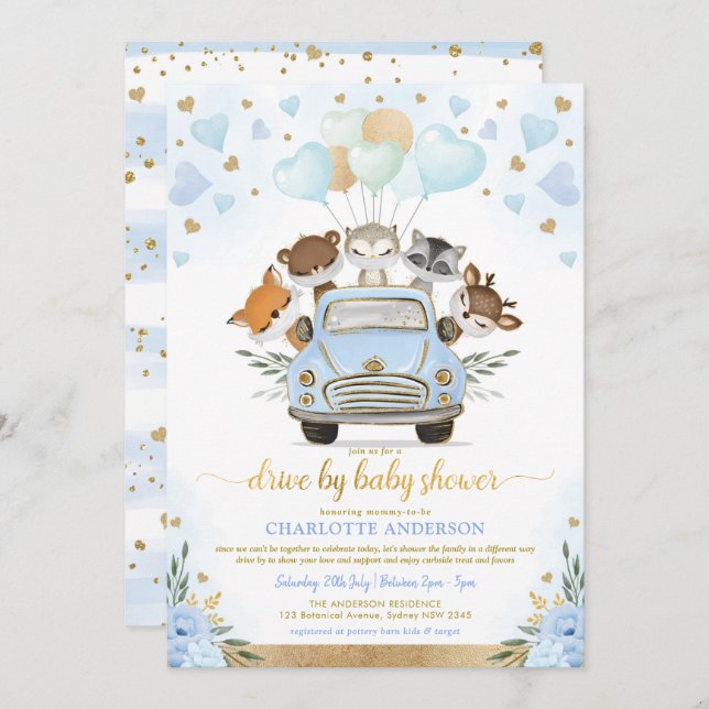 Invitación Blue Gold Greenery Woodland Drive De Baby Shower (Anverso / Reverso)
