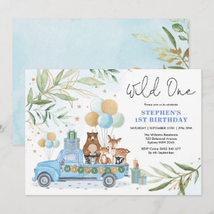 Invitación Blue Gold Greenery Woodland Wild One First Birthda