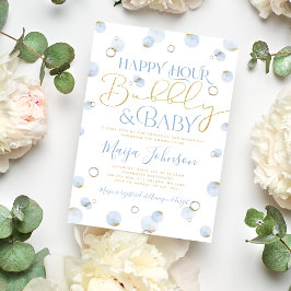 Invitación Blue Gold Happy Hour Bubbly y Baby Shower