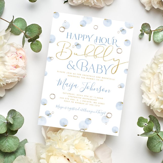 Invitación Blue Gold Happy Hour Bubbly y Baby Shower (Subido por el creador)