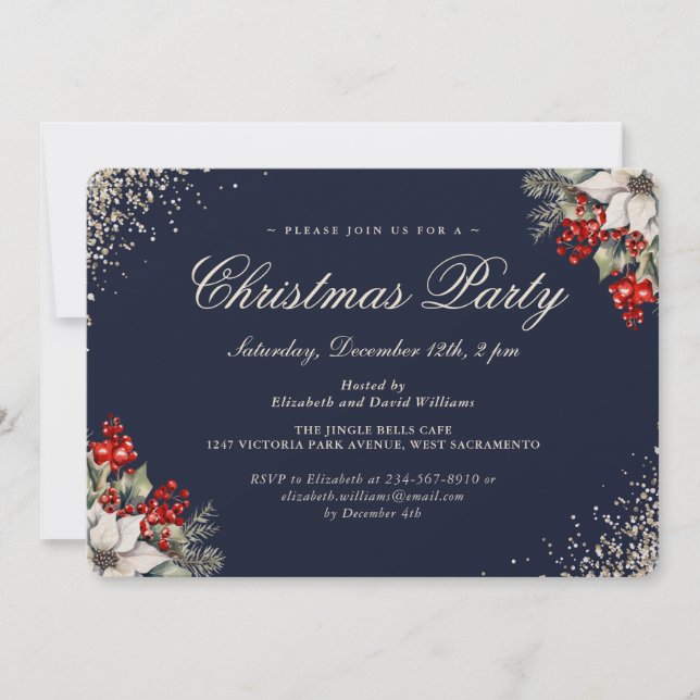 Invitación Blue Gold Holly Berries Christmas Holiday Party (Anverso)