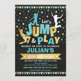 Invitación Blue Gold Jump & Bounding Trampoline Birday Party
