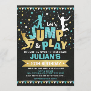 Invitación Blue Gold Jump & Bounding Trampoline Birday Party
