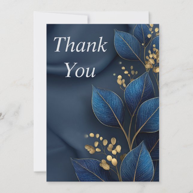 Invitación Blue & Gold Leaves on Navy Blue Thank You Card (Anverso)
