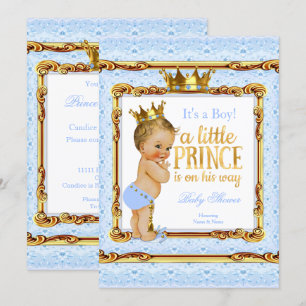 Invitación Blue Gold Light White Prince Baby Shower Blonde
