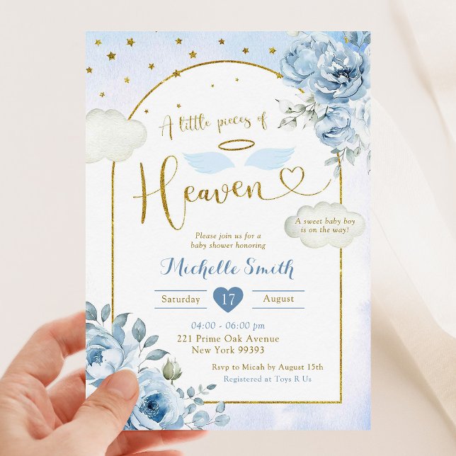 Invitación Blue Gold Little Piece del Heaven Baby Shower (Subido por el creador)