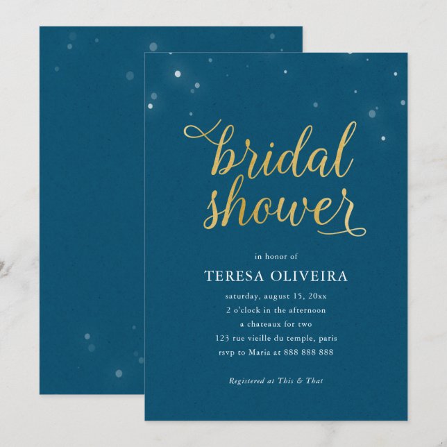 Invitación Blue Gold Look Bridal Shower Luces Sencillas Elega (Anverso / Reverso)
