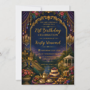 Invitación Blue Gold Luxury Garden Elegante Cumpleaños 21