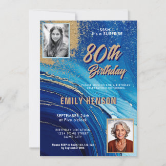 Invitación Blue Gold Marble Glitter 2 Photo 80th Birthday